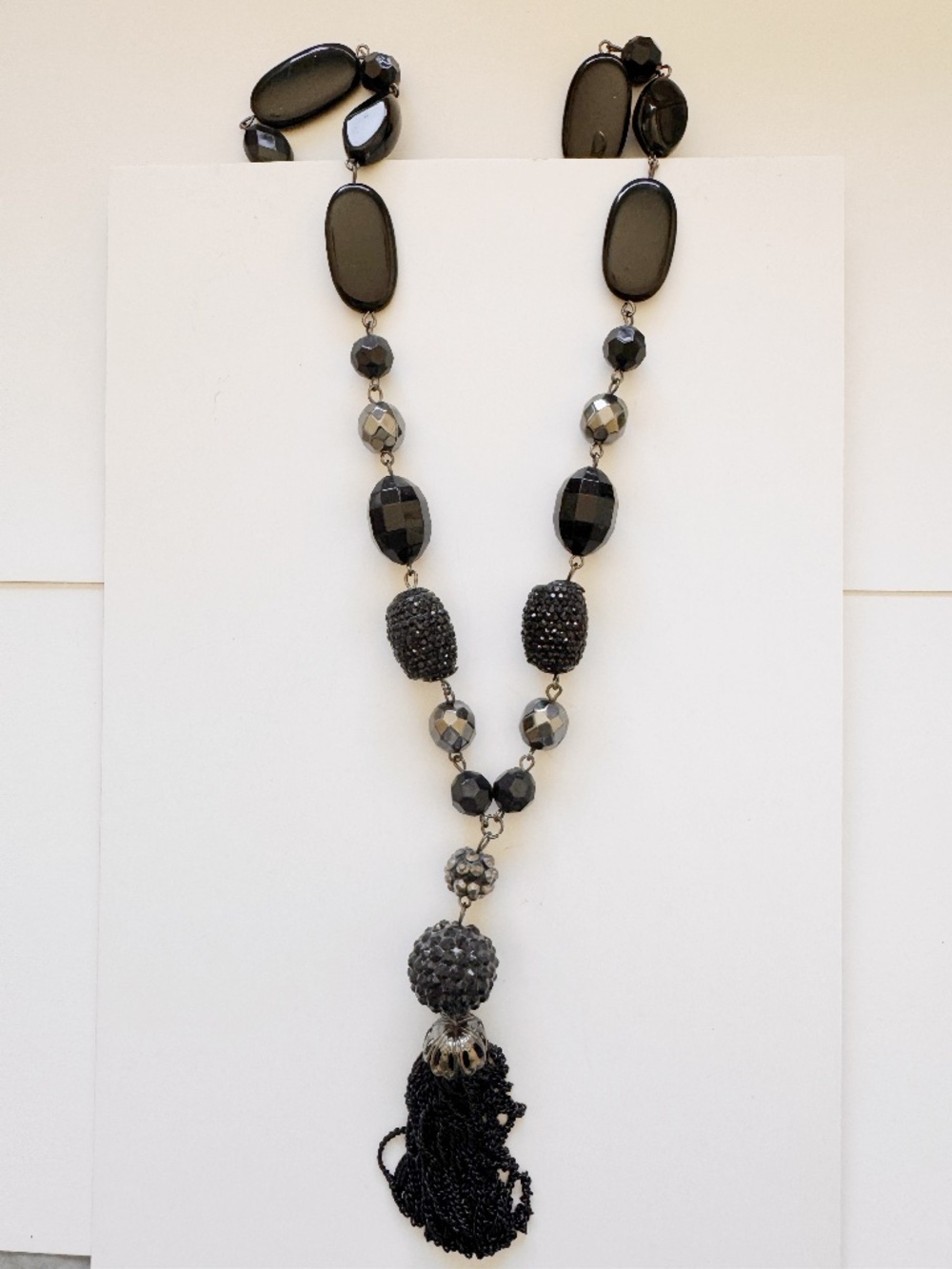 Black Multi Strand Statement Necklace Tassel Beaded Chunky Y2K Boho Style
